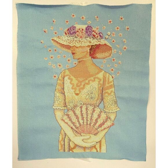 Completed Counted Cross Stitch Victorian Lady Hat Fan Aida Beautifully Stitched - Picture 2 of 14